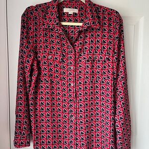 LOFT Red and Blue Graphic Buttoned Blouse